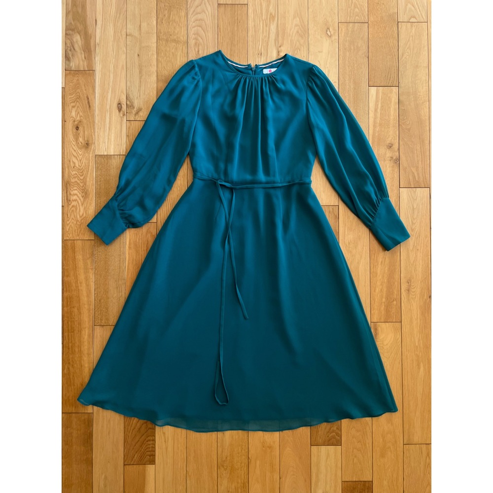 Boden Alba Long Sleeve Midi Dress Teal Tie Waist Chiffon Womens Size 4P